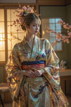 In a vibrant, sunlit room, a graceful figure dons a beautifully crafted kimono adorned with intricate patterns that shimmer and light up with each gentle movement. The fabric, a delicate blend of silk and cotton, features swirling motifs of cherry blossoms and waves, their colors ranging from deep indigo to soft pastels, creating a mesmerizing dance of hues against a backdrop of muted gold. The air is fragrant with the subtle hint of jasmine incense, adding a layer of tranquility to the scene. As the wearer gracefully ties the obi, the fabric’s texture smooth and cool against their fingers, their reflection in the mirror reveals a serene expression, embodying elegance and poise. Bathed in the warm glow of afternoon sunlight streaming through shoji screens, the unique style of the kimono highlights the wearer’s individuality, celebrating both tradition and a contemporary flair.kimonoFT,Enhanced all