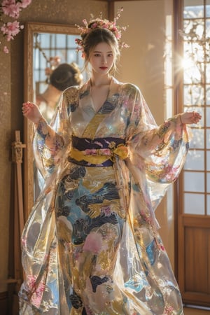 In a vibrant, sunlit room, a graceful figure dons a beautifully crafted kimono adorned with intricate patterns that shimmer and light up with each gentle movement. The fabric, a delicate blend of silk and cotton, features swirling motifs of cherry blossoms and waves, their colors ranging from deep indigo to soft pastels, creating a mesmerizing dance of hues against a backdrop of muted gold. The air is fragrant with the subtle hint of jasmine incense, adding a layer of tranquility to the scene. As the wearer gracefully ties the obi, the fabric’s texture smooth and cool against their fingers, their reflection in the mirror reveals a serene expression, embodying elegance and poise. Bathed in the warm glow of afternoon sunlight streaming through shoji screens, the unique style of the kimono highlights the wearer’s individuality, celebrating both tradition and a contemporary flair.kimonoFT,Enhanced all