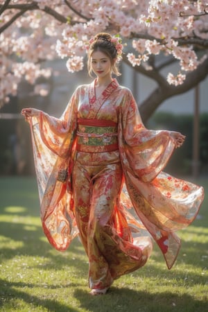 In a serene garden adorned with delicate cherry blossom trees, a young girl stands gracefully, dressed in a vibrant kimono that features intricate, shimmering patterns. The fabric, a rich blend of deep crimson and golden hues, reflects the soft sunlight, causing the floral motifs to seemingly come alive with a gentle glow. As she twirls, the kimono flows elegantly around her, brushing against the velvety grass, while a gentle breeze carries the sweet, floral fragrance of the blossoms. Her hair, styled in an ornate updo adorned with fresh sakura petals, catches the light as she smiles, her eyes sparkling with joy and wonder as she enjoys this peaceful moment in nature. Around her, the soft rustle of leaves and distant laughter of children playing add an enchanting, harmonious melody to the idyllic scene,kimonoFT