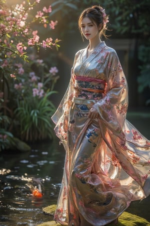 In a serene Japanese garden bathed in the warm golden light of a late afternoon, a figure gracefully dons an exquisite kimono adorned with intricate, shimmering patterns that seem to come alive in the soft sunlight. Each flower and wave of color dances as it catches the light, with delicate cherry blossoms intricately woven into the fabric, their soft pink hues contrasted by deep indigo and gold accents. The kimono billows slightly in a gentle breeze, creating a feeling of movement and fluidity. Surrounding her, lush greenery thrives, with vibrant azaleas and irises adding splashes of color to the tranquil scene. The sound of a nearby koi pond fills the air, where the fish glide gracefully beneath the surface, their scales catching the sun like jewels. The scent of fresh jasmine wafts through the air, mingling with the slight earthy aroma of the damp moss beneath her feet. As she takes a moment to appreciate the beauty around her, a faint smile graces her lips, reflecting a myriad of emotions from serenity to joy. The soft fabric of the kimono gently caresses her skin, elevating her with each movement. This moment encapsulates the timeless beauty of tradition, where culture and nature intertwine in harmonious elegance..kimonoFT,Enhanced all