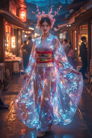 In a vibrant marketplace bustling with energy, a graceful figure adorned in a stunning kimono captures the eye. The fabric, rich in color, is elegantly draped over the wearer, showcasing intricate patterns of shimmering cherry blossoms that seem to glow with an ethereal light, illuminating the scene. The kimono flows softly with each gentle movement, the delicate silk catching the sunlight, creating a dazzling play of colors. 

Around her, the lively sounds of the market resonate—merchants calling out their wares, the rustle of fabric, and the laughter of children playing nearby. The air is fragrant with delicious aromas of street food sizzling on hot grills complemented by the sweet scent of fresh flowers from nearby stalls. 

Set against a backdrop of traditional wooden stalls painted in vivid hues, the atmosphere feels alive and inviting. As the sun begins to set, casting a warm golden hue over the scene, the woman pauses to admire her reflection in a nearby shop window, the light catching the patterns on her kimono and making them dance in the twilight. Her expression is a mix of pride and joy, embodying the beauty of heritage and modernity interwoven harmoniously.kimonoFT,Enhanced all