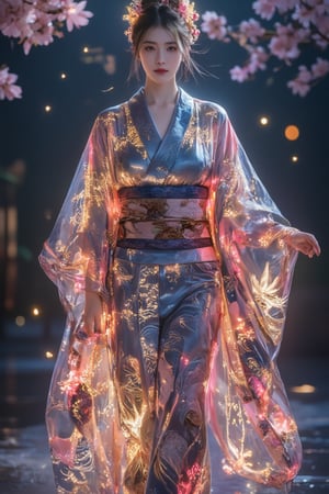 In a serene Japanese garden during twilight, a young girl gracefully wears an exquisite kimono adorned with intricate, luminous patterns that seem to dance in the fading light. The silk fabric shimmers softly, showcasing vibrant hues of deep indigo and radiant cherry blossom pink, while delicate gold threads trace elegant designs of cranes and swirling waves that gleam as they catch the last rays of the sun. As she moves through the garden, the gentle rustle of her garment harmonizes with the soothing sounds of a nearby koi pond, where golden fish glimmer beneath the surface. The air is fragrant with the sweet scent of blooming sakura, and a soft breeze carries whispers of ancient traditions. Her eyes sparkle with awe and joy, reflecting the enchanting beauty of the scene as fireflies begin to emerge, twinkling like stars around her in a magical display of illumination,kimonoFT