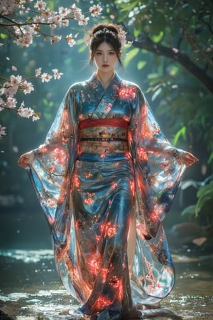 In a vibrant kimono adorned with intricate patterns that seem to shimmer and glow, a graceful figure stands poised in a serene Japanese garden. The fabric, rich in hues of deep indigo and bright crimson, reflects the gentle sunlight, highlighting the delicate cherry blossom motifs that swirl elegantly across the garment. Each flower appears almost ethereal, pulsing with a soft luminescence as if kissed by night stars.

The wearer, a young woman with flowing black hair tied in an artful bun, holds a delicate paper umbrella, its surface painted with traditional scenes of nature. Dappled sunlight filters down through the lush green foliage of the surrounding trees, casting playful shadows on the ground beneath her feet. The air is filled with the sweet scent of blooming sakura, mingling with the earthy aroma of freshly dampened soil.

As she takes a moment to appreciate the tranquil beauty around her, a gentle breeze stirs, causing the petals of nearby cherry blossoms to flutter gracefully like confetti. The atmosphere is imbued with a sense of calm and elegance, while the distant sound of water trickling from a nearby koi pond adds a soft, melodic undertone, enhancing the serene scene,kimonoFT,Enhanced all