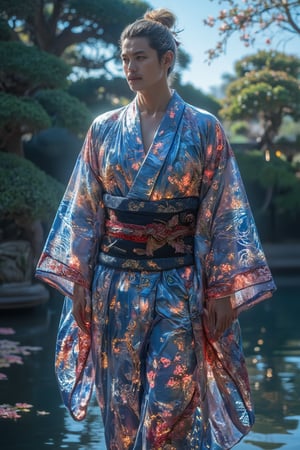 In a serene, traditional Japanese garden, a distinguished middle-aged man stands gracefully, adorned in an exquisite kimono. The fabric, richly textured in deep indigo and vibrant vermilion, is captivating as intricate patterns of blooming cherry blossoms and swirling waves come to life, seemingly glowing with an ethereal luminescence. The delicate embroidery glimmers under the soft rays of the afternoon sun, each stitch telling a tale of craftsmanship and artistry. Surrounding him, the garden is a vibrant tapestry of colors, with lush green bonsai trees meticulously trimmed to perfection, their leaves gently rustling in the warm breeze. The sweet, intoxicating fragrance of jasmine wafts through the air, mingling with the earthy scent of freshly turned soil in the adjacent flower beds, where colorful peonies and irises sway gently. As he gazes thoughtfully across the koi pond, the surface shimmers like polished glass, reflecting the vivid hues of his attire and the azure sky above. Nearby, a soft trickle of water from a bamboo fountain creates a soothing soundtrack, accentuating the tranquility of the scene. The man’s expression is one of serene contemplation, radiating a profound connection to the beauty surrounding him, as if he is the keeper of a timeless tradition woven into the very fabric of his kimono,kimonoFT,Enhanced all