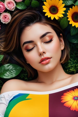 Best quality, masterpiece, ultra high res, photorealistic:1.5, raw photo, 1 girl, (colorful t-shirts), flowers texture, off-shoulders, cleavage, show shoulders, colorful, low key, cold light, sexy look, (bob hair), big breast: 1.5, show big thigh, plump body, (lying on the flower garden), (furrowed eyebrows), (closing eyes), (face turned sideways), from above


