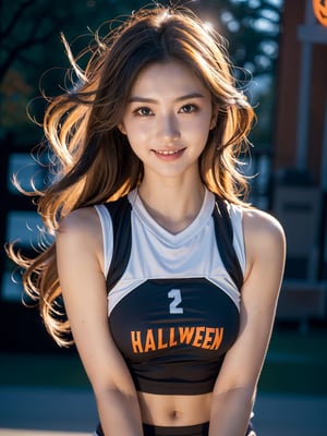 studio light,  depth of field,  upper body,  slender,  cute face,  smile,  beautiful details eyes,  19 years old japanese,  pretty,  Voluminous curls with warm blonde color,  Plaza,  casual,  ((see through)),  big breast,  realistic skin,  ((midnight, lively holloween background)), (perfect volleyball uniform), perfect body,