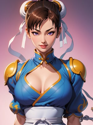 (street fighter chun li:1.2),(masterpiece, best realsitic quality), (xxmix_girl:1.2), intricate details, mature female, Light pink long hair, white skin, light purple eyes, sharp jawline, cropped jacket, messy hair, lips, upper body, medium breasts, upper body, smile, see through,sexy,