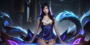 (league of legends ahri:1.5),cyberpunk, 18 years old, best quality, ultra-detailed, masterpiece, professional, finely detail, high res, 8k wallpaper,  (masterpiece, extreme quality), (perfect body,perfect face), ((1girl)), ((a white giant cat, pussy, softness fur)), 9 tails, (red clothes), ahri,