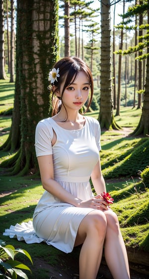 masterpiece,best quality,ï¼
1girl, sitting on grass, flowers, holding flowers, warm lighting, white dress, blurry foreground, (forest:1.5)
