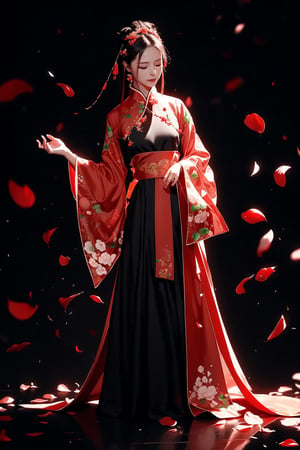 best quality,
1girl, solo, petals, closed eyes, hair ornament, dress, jewelry, black background, full body, black hair, long sleeves, red dress, sash, earrings, chinese clothes, floating hair, simple background, standing, closed mouth, hanfu
rackanimal,black background,