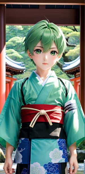 ((Masterpiece: 1.4, best quality)), 1Boy, green and short hair and eyes,( Light blue Hakama: 1.2), the background is a temple of Japan.
