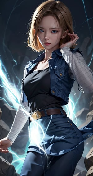 Detailed, daylight,  power aura, perfect hand, shining hair, Android_18_DB