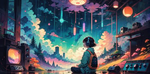 fine art,  oil painting, amazing sky,
.
 Girl meditating in her room, dreaming, Wear headphones, night lights, Neon landscape on a rainy day, Analog Color Theme, Lo-Fi Hip Hop , retrospective, flat, 2.5D, Large slope, Watercolor painting, Studio Ghibli Style, Awesome colorful, Outer Ton, krautrock, lofi art,  70s style,Old texture, amplitude,psychedelic vibe, masterpiece, Tremendous technology,
.
Makoto shinkai style, 2d, flat, cute, adorable, vintage, art on a cracked paper, fairytale, storybook detailed illustration, cinematic, ultra highly detailed, tiny details, beautiful details, mystical, vibrant colors, complex background,more detail XL,girl,lofi