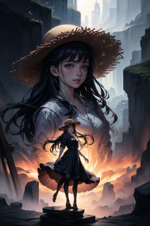 8k, (absurdres, highres, ultra detailed), ((best quality)), ((masterpiece)), Sweet girl, 18 years old, dark long hair, gray eyes, light summer dress, straw hat, standing on an old stone bridge, mountains, bright sunny day, clear blue sky, bright light, vibrant colors, intricate and elaborate details, smilling, happy face, 

dynamic background, 4k resolution, masterpiece, best quality, Photorealistic, whimsical, illustration by MSchiffer, cinematic lighting, Hyper detailed, atmospheric, vibrant, dynamic studio lighting, wlop, Glenn Brown, Carne Griffiths, Alex Ross, artgerm and james jean, spotlight, fantasy, surreal,LinkGirl