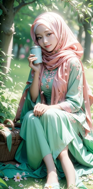 The image captures a young girl wearing a vibrant-colored hijab, sitting comfortably on a picnic blanket in a lush green park. The sun is shining brightly, casting gentle rays of light onto her face, illuminating her joyful expression. She is surrounded by the beauty of nature, with tall trees and colorful flowers creating a picturesque backdrop. In front of her, a delicious spread of food can be seen, carefully arranged on a traditional woven mat. There are fresh fruits, a variety of finger foods, and a thermos filled with aromatic tea. The girl is delicately holding a slice of watermelon, taking a bite and savoring its sweetness. A light breeze rustles her hijab, adding a touch of movement to the scene. The serene ambiance and the girl’s contentment create a sense of peace and tranquility.