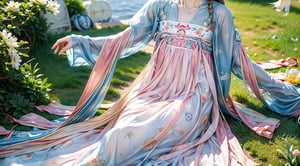 Summer Wallpaper, 1girl with long goldhair, ribbon, braid, hand on back, pale long dress, Grass, firm breast, Few Flowers, Big Clouds, Blue Sky, seaside, Hot Weather, HD Detail, Ultra Detail, Film, Hyper Realism, Soft Light, Deep Focus Bokeh, Ray Tracing, and Hyper Realism, birdview, necklace, earing, picnic, happy_face,hanfu
