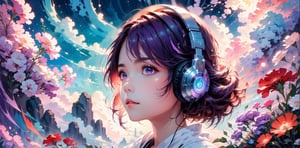 fine art,  oil painting, amazing sky,
.
 1girl,detailed face,princess,taoist,flower, Lisianthus ,in the style of light pink and light azure, dreamy and romantic compositions, pale pink, ethereal foliage, playful arrangements,fantasy, high contrast, ink strokes, explosions, over exposure, purple and red tone impression , wearing headset, listening music
.
Makoto shinkai style, 2d, flat, cute, adorable, vintage, art on a cracked paper, fairytale, storybook detailed illustration, cinematic, ultra highly detailed, tiny details, beautiful details, mystical, vibrant colors, complex background,more detail XL,girl,lofi