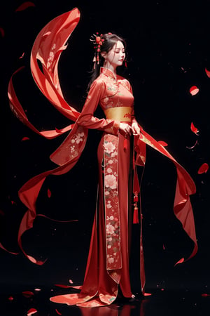 best quality,
1girl, solo, petals, closed eyes, hair ornament, dress, jewelry, black background, full body, black hair, long sleeves, red dress, sash, earrings, chinese clothes, floating hair, simple background, standing, closed mouth, hanfu
rackanimal,black background,