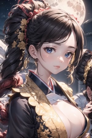Detailed background(a moon,Detailed starry sky background),glossy dark hair,Ponytail BREAK,elaborate costume{Luxury kimono(Colorful kimono(Detailed golden embroidery,))}、face perfect,Depict a beautiful and graceful woman of Japan。Heart in the eye。 Wallpaper 8K, .Blur the background with a sickle,((masutepiece)), ((Best Quality)),{{a portrait photo of}}