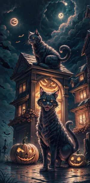 (Unschlagbares Meisterwerk), Halloween, ((Katze)), Pumpkin, ultrarealistische 8K-CG, Perfektes Artwork, great lightning, Bei Nacht, Mond, Nebel, gruselig