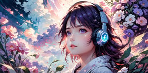fine art,  oil painting, amazing sky,
.
 1girl,detailed face,princess,taoist,flower, Lisianthus ,in the style of light pink and light azure, dreamy and romantic compositions, pale pink, ethereal foliage, playful arrangements,fantasy, high contrast, ink strokes, explosions, over exposure, purple and red tone impression , wearing headset, listening music
.
Makoto shinkai style, 2d, flat, cute, adorable, vintage, art on a cracked paper, fairytale, storybook detailed illustration, cinematic, ultra highly detailed, tiny details, beautiful details, mystical, vibrant colors, complex background,more detail XL,girl,lofi