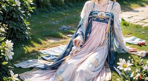 Summer Wallpaper, 1girl with long goldhair, ribbon, braid, hand on back, pale long dress, Grass, firm breast, Few Flowers, Big Clouds, Blue Sky, seaside, Hot Weather, HD Detail, Ultra Detail, Film, Hyper Realism, Soft Light, Deep Focus Bokeh, Ray Tracing, and Hyper Realism, birdview, necklace, earing, picnic, happy_face,hanfu