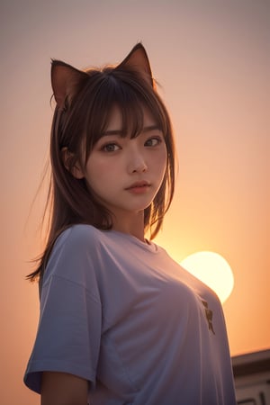 4K.HD. (Masterpiece, Best Quality, ) ,bokeh, a girl, Light brown beautiful hair, Light brown eyes, Plump breast, Blushed face, (cat ear:1.2), colourful t-shirt,  (Japanese idle:1.6), holding a pretty cat,   Looking at the viewer, (background is sunset main super m:1.4), (From below:1.6), cowboy shot