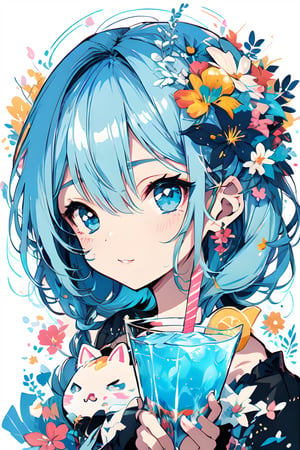 Illustration of blue drink, , vibrant colors, color splash, rounded format, high quality, detailed, best quality, sanrio aesthetic, kawaii, kawaii aesthetic, kawaii art