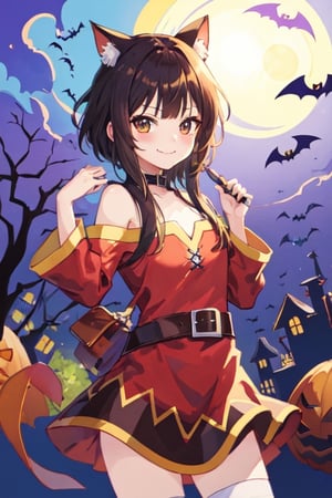 Kawaii smirk, Halloween, kitty ears, bats, vibrant colors, rounded vector image, vector illustration, Adobe illustration, leaves, t shirt design, high quality, detailed, best quality, sanrio aesthetic, kawaii, kawaii aesthetic, kawaii art,loveeyes,Megumin, megumin's style,megumin