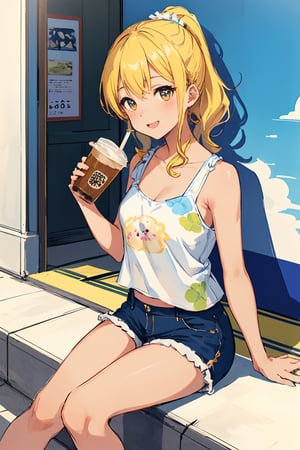 Sketch of tanned girl with blonde hair drinking an iced coffee, happy sitting on concrete Japanese Street steps, wearing shorts and a frilly tank top, summer aesthetic, Japanese, Okinawa, Okinawan, promotional poster, vibrant colors, color splash, high quality, detailed, best quality, sanrio aesthetic, kawaii, kawaii aesthetic, kawaii art
