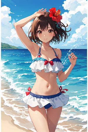 Sketch of tanned girl with dark brown hair splashing in the ocean, hibiscus, wearing frilly bathing suit, Japanese aesthetic, summer aesthetic, ocean aesthetic, beach aesthetic, semi tropical, Okinawa, Okinawan, promotional poster, vibrant colors, color splash, high quality, detailed, best quality, sanrio aesthetic, kawaii, kawaii aesthetic, kawaii art