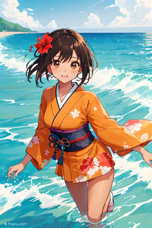 Sketch of tanned girl with dark brown hair splashing in the ocean, hibiscus, wearing orange kimono, Japanese aesthetic, summer aesthetic, ocean aesthetic, beach aesthetic, semi tropical, Okinawa, Okinawan, promotional poster, vibrant colors, color splash, high quality, detailed, best quality, sanrio aesthetic, kawaii, kawaii aesthetic, kawaii art