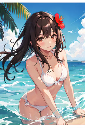 Sketch of tanned girl with dark brown hair splashing in the ocean, hibiscus, nude, Japanese aesthetic, summer aesthetic, ocean aesthetic, medium breasts, beach aesthetic, semi tropical, Okinawa, Okinawan, promotional poster, vibrant colors, color splash, high quality, detailed, best quality, sanrio aesthetic, kawaii, kawaii aesthetic, kawaii art