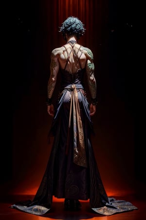 (super detailed) (godlike figure)  character \(series\) Zhongli, cold character vibes, A man with a brown dress standing, the long dress of a man, aura generating behind his back, archon vibes. five fingers only, intricately designed dress, ,1boy