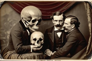 Vintage sepia postcard of victorian gentlemen with large moustaches uncovering a huge giants skull, skull looks human but is very large, | detailed tintype photograph, award winning