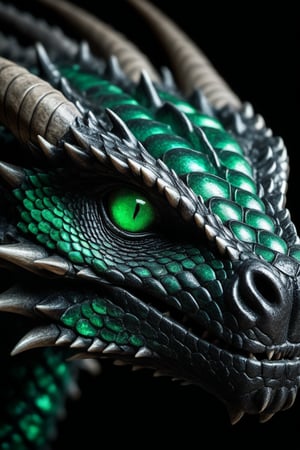 Award-winning nature photographer's lens captures the gritty, RAW intensity of a dragon's head up close. Emerald-green and obsidian-black scales glisten with a subtle, otherworldly glow under dramatic, subdued lighting. The camera frames the subject, highlighting the intricate texture of the scales as they seem to shimmer in the faint light.