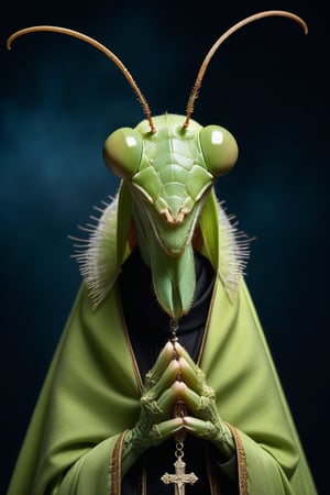 Award-winning photographer captures a hauntingly realistic image of a fierce praying mantis, its snarling face illuminated by the (faint glow of a crucifix:1.2). Framed against a dark, ominous background, dressed as a (priest:1.3), luxurious fabrics and fur trims, his menacing gaze seems to pierce through the shadows. Victorian Era-inspired textures bring realism to its fur and skin, while an eerie stillness in the air hints at a battle-scarred past.