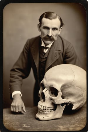 Vintage sepia postcard of a victorian gentlemen with a large moustache uncovering a huge giants skull, skull looks human but is very large, | detailed tintype photograph, award winning