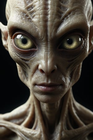 Captivating close-up shot of an extraterrestrial lifeform, rendered in breathtaking RAW detail. The subject's ethereal features are set against a stark, pitch-black backdrop, creating a sense of depth and mystery. The soft, golden lighting casts a warm glow on the alien's translucent skin, accentuating its intricate veins and delicate, almost-human-like facial structure. The composition is dramatic, with the lifeform positioned at the center of the frame, drawing the viewer's attention to its hauntingly beautiful countenance.