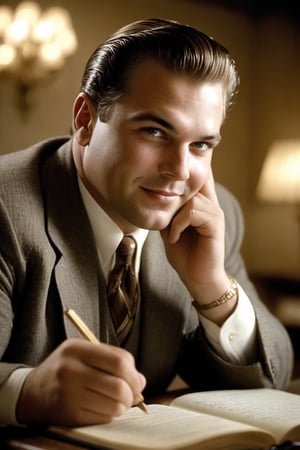 designed by Nina Leen, portrait, close up of a large (handsome man:1.1) studying in a room, he is feeling very happy, glinting eyes, Foggy conditions, Wide view, Cel shading, Energetic, Trillwave, side lit, Oversaturated, Light streaks, Complex background, cinematic perfect intricate stunning fine detail, dramatic, perfect background, theatrical