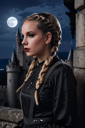 closeup of woman wearing gothic clothes, braided pigtails, in a castle, sharp focus, looking at the night time, Mystical atmosphere, cinematic