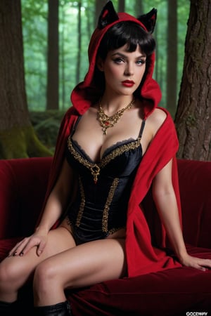 Little Red Riding Hood's sultry gaze lures in the camera as she lounges on a plush, crimson-red velvet couch, her iconic hood now replaced with a ravishing raven-haired updo. Soft, golden lighting accentuates her porcelain skin and plump lips, while a delicate, gemstone-encrusted necklace frames her décolletage. A languid pose, one leg tucked under, showcases her toned physique, as if inviting the viewer to join her in this seductive forest lair.