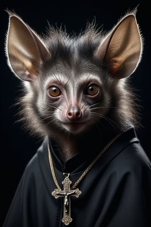 Award-winning photographer captures a hauntingly realistic image of a fierce aye-aye, its snarling face illuminated by the (faint glow of a crucifix:1.2). Framed against a dark, ominous background, dressed as a (priest:1.3), luxurious fabrics and fur trims, his menacing gaze seems to pierce through the shadows. Victorian Era-inspired textures bring realism to its fur and skin, while an eerie stillness in the air hints at a battle-scarred past.