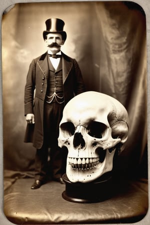 Vintage sepia postcard of a victorian gentlemen with a large moustache uncovering a huge giants skull, skull looks human but is very large, | detailed tintype photograph, award winning