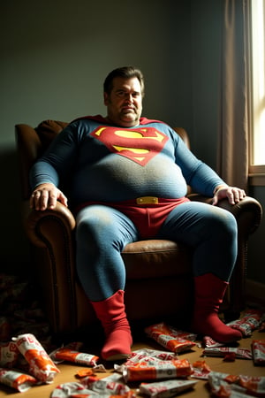 bruc3campb3ll, an overweight middles aged man. He is an obese out os shape Superman. He is sitting in a worn leather armchair with his super hero costume stained by grease and fallen pizza. Room is dull and dank with a couple of beams of sunlight dirupting the dullness. floor is covered in discarded food packaging all with the work "JUNK" as the product name.