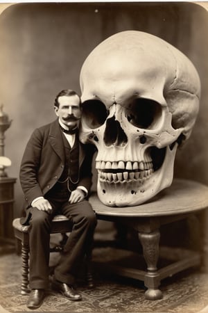 Vintage sepia postcard of a victorian gentlemen with a large moustache uncovering a huge giants skull, skull looks human but is very large, | detailed tintype photograph, award winning