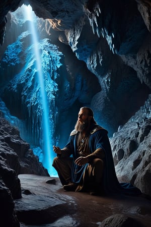 "a award winning heroic shot of a mountain king in a stunning detailed showcave, epic mountainking meditate about life, long curly beard, glowing blue eyes, cave is like a big dome, fantastic stalagmites and stalactites, (cinematic lighting:1.1), moody lights, heroic pose, in the style of photorealistic fantasy, still from a oscar winning fantasy movie, 50mm zeiss supreme prime lens, clear and sharp focus, shallow dof, fantasycore, stonecore, beautifully color graded, dynamic composition, sparkle, (diamonds:1.1), (lens flare:1.05)