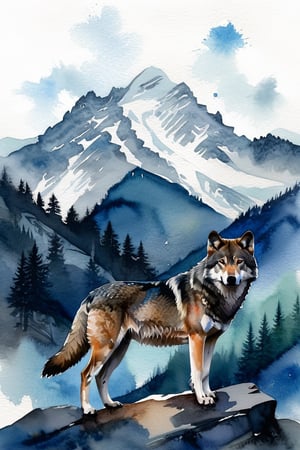 Double exposure of a wolf and a mountain, natural scenery, watercolor