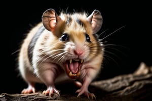 nature photograph, flesh eating demonic hamster, huge sharp teeth, fierce AF, | natural habitat, natural subdued lighting,