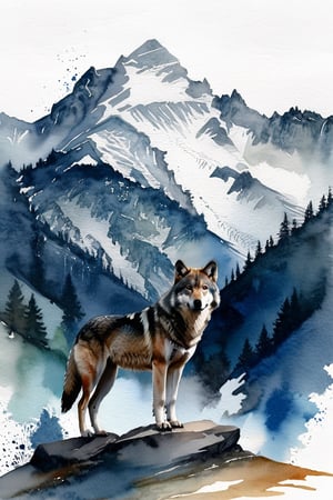 Double exposure of a wolf and a mountain, natural scenery, watercolor